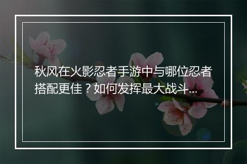 秋风在火影忍者手游中与哪位忍者搭配更佳？如何发挥最大战斗力？